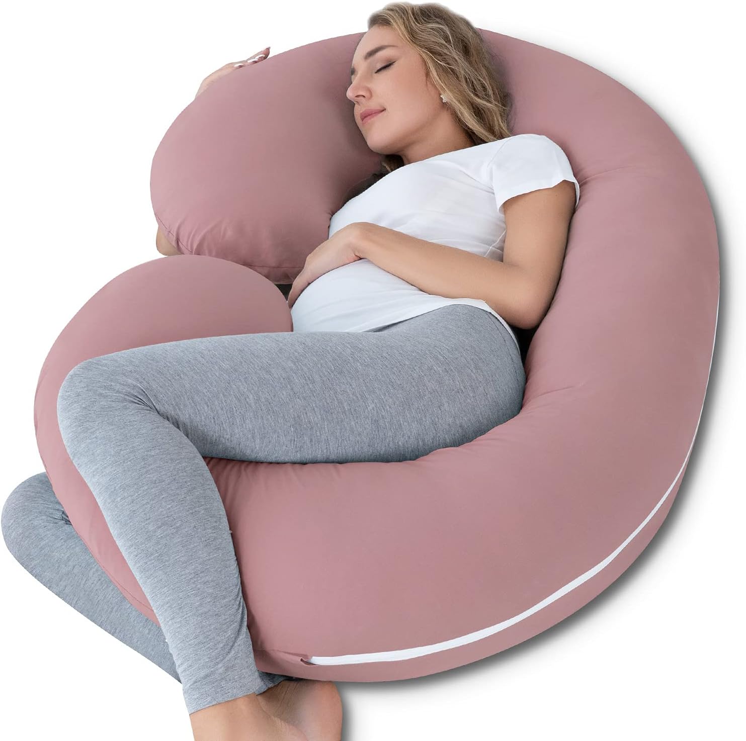 INSEN Cooling Pregnancy Pillow, Maternity Pillow with Soft Cotton Cover, C Shaped for Pregnant Sleeping, Dark Pink
