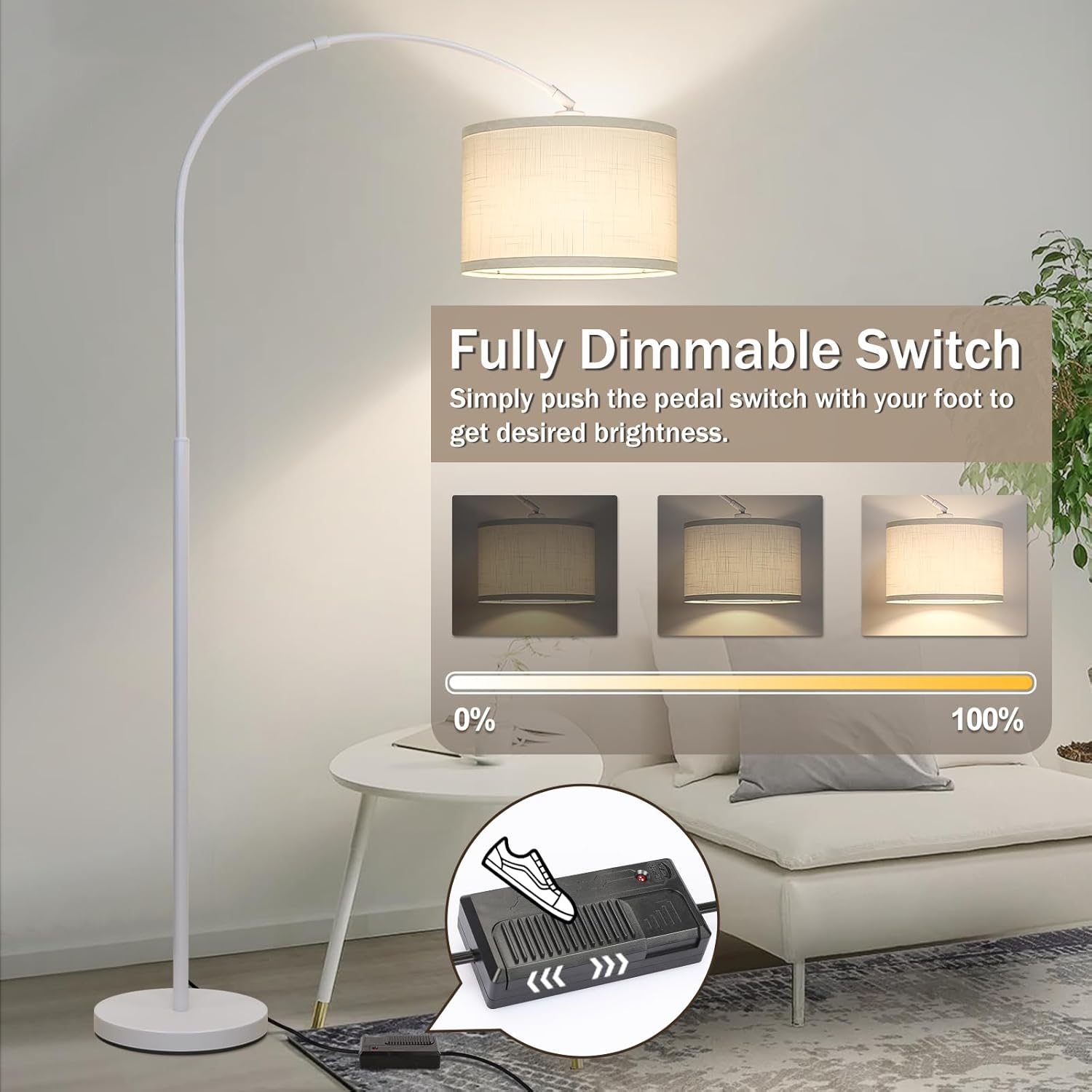 Seaside village Standing Lamp for Living Room, Dimmable Arc Floor Lamp with White Adjustable Hanging Shade, Modern Pole Lamp Tall Reading…