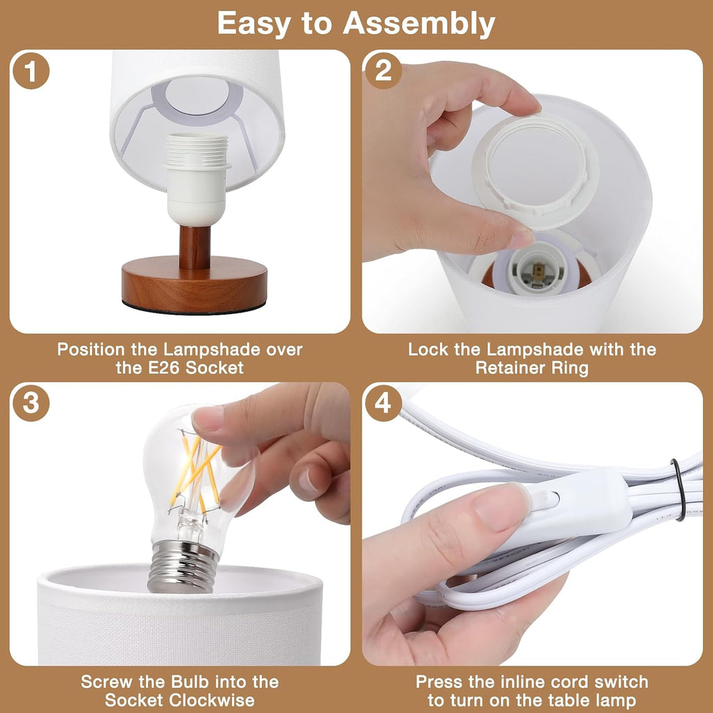 Fenmzee Small Table Lamp for Bedroom - Inline Control, Bedside Lamp with 3000K A15 LED Blub, Easy Assembly (White Shade - Walnut Base, 9"…