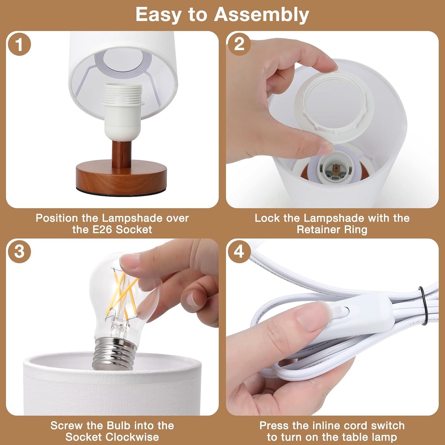 Fenmzee Small Table Lamp for Bedroom - Inline Control, Bedside Lamp with 3000K A15 LED Blub, Easy Assembly (White Shade - Walnut Base, 9"…
