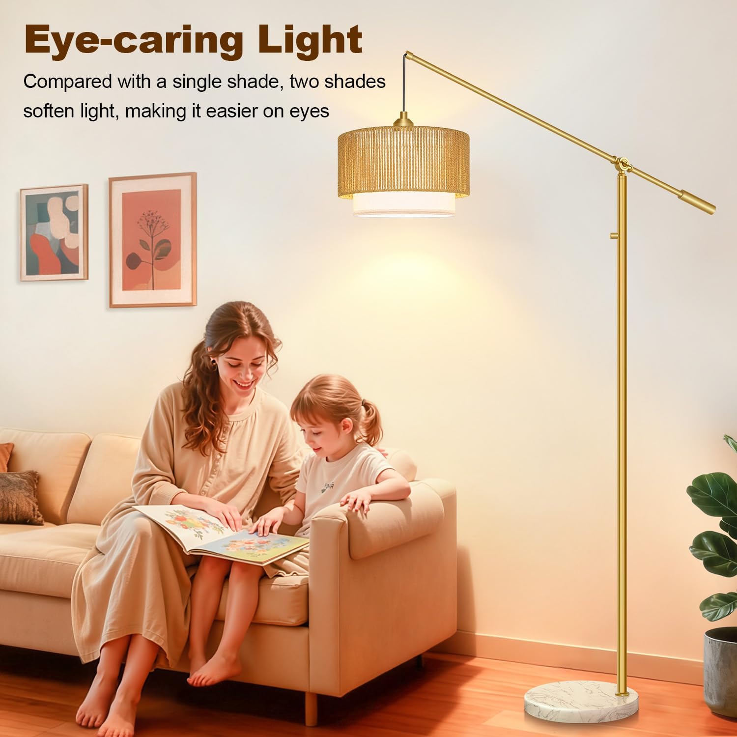 Upgraded】Arc Floor Lamp for Living Room, Boho Dimmable Swing Arm Floor Lamp with Rattan & Fabric Shades, Gold Rattan Standing Lamp with…