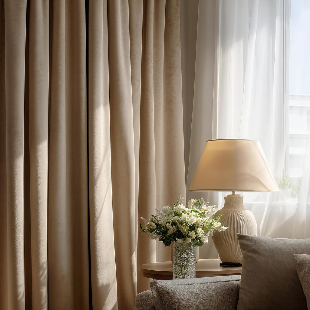Drapenova 102 Inch Long Custom Velvet Curtains, Beige Room Darkening Noise-Reducing Pleated Drapes with Hooks and Back Tab, Modern Wh…