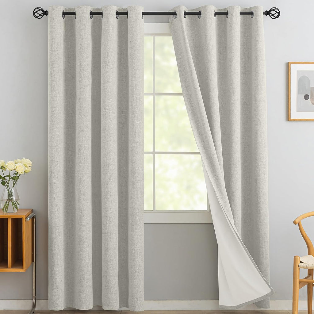 Yakamok Cream Linen Curtains 100% Blackout 84 Inches Long, Room Darkening Textured Drapes for Living Room Thermal Grommet Bedroom Curtains 2…