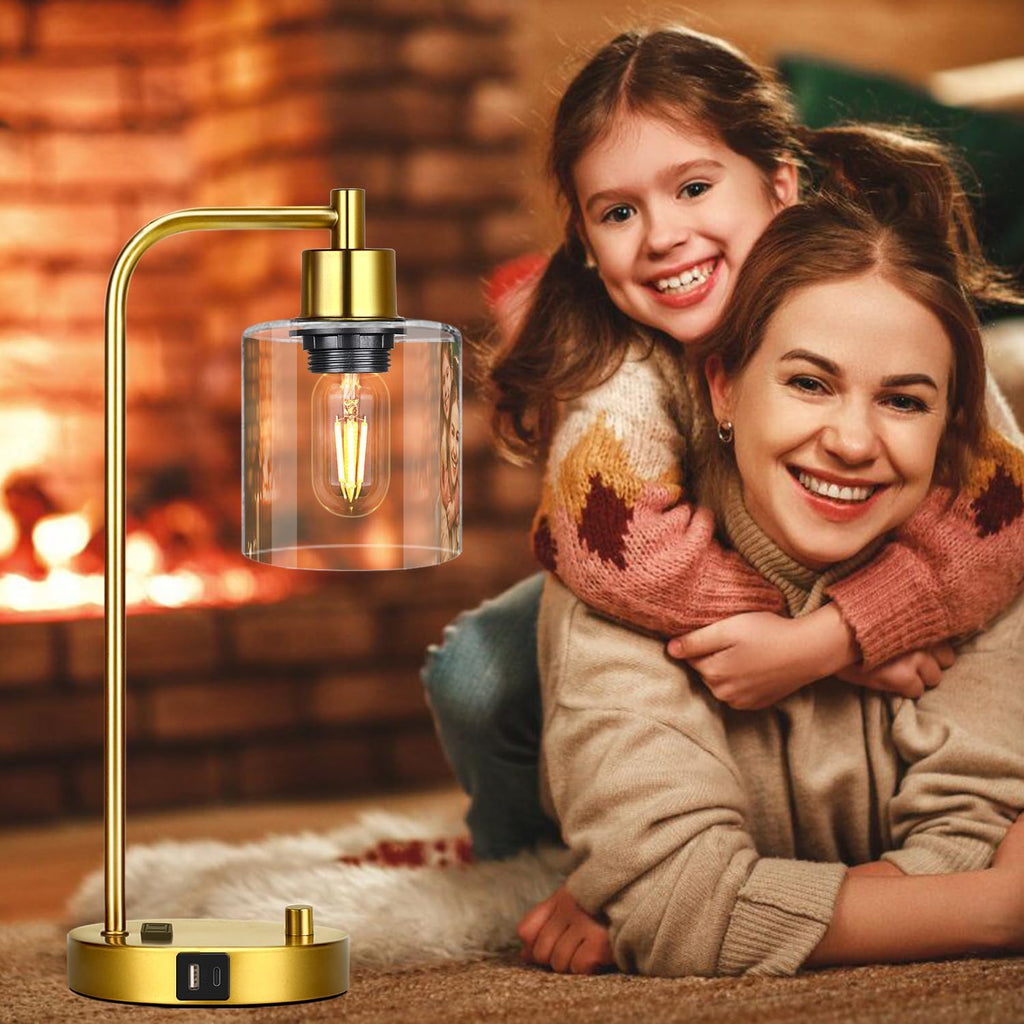 Gold Industrial Table Lamp with USB A+C Ports & Outlet, Fully Stepless Dimmable Modern Nightstand Lamp, Glass Shade Bedside Desk Lamp for…