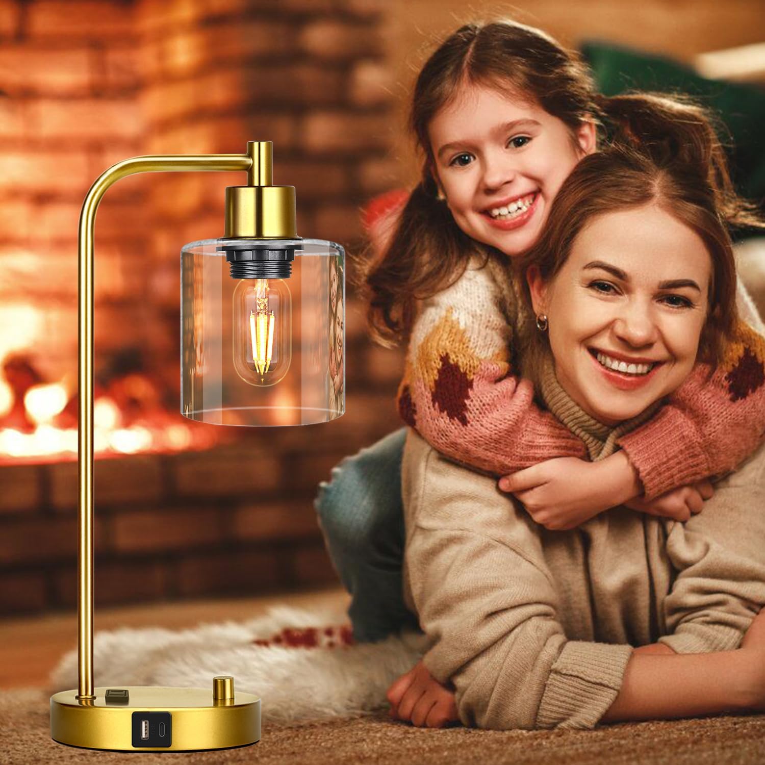 Gold Industrial Table Lamp with USB A+C Ports & Outlet, Fully Stepless Dimmable Modern Nightstand Lamp, Glass Shade Bedside Desk Lamp for…
