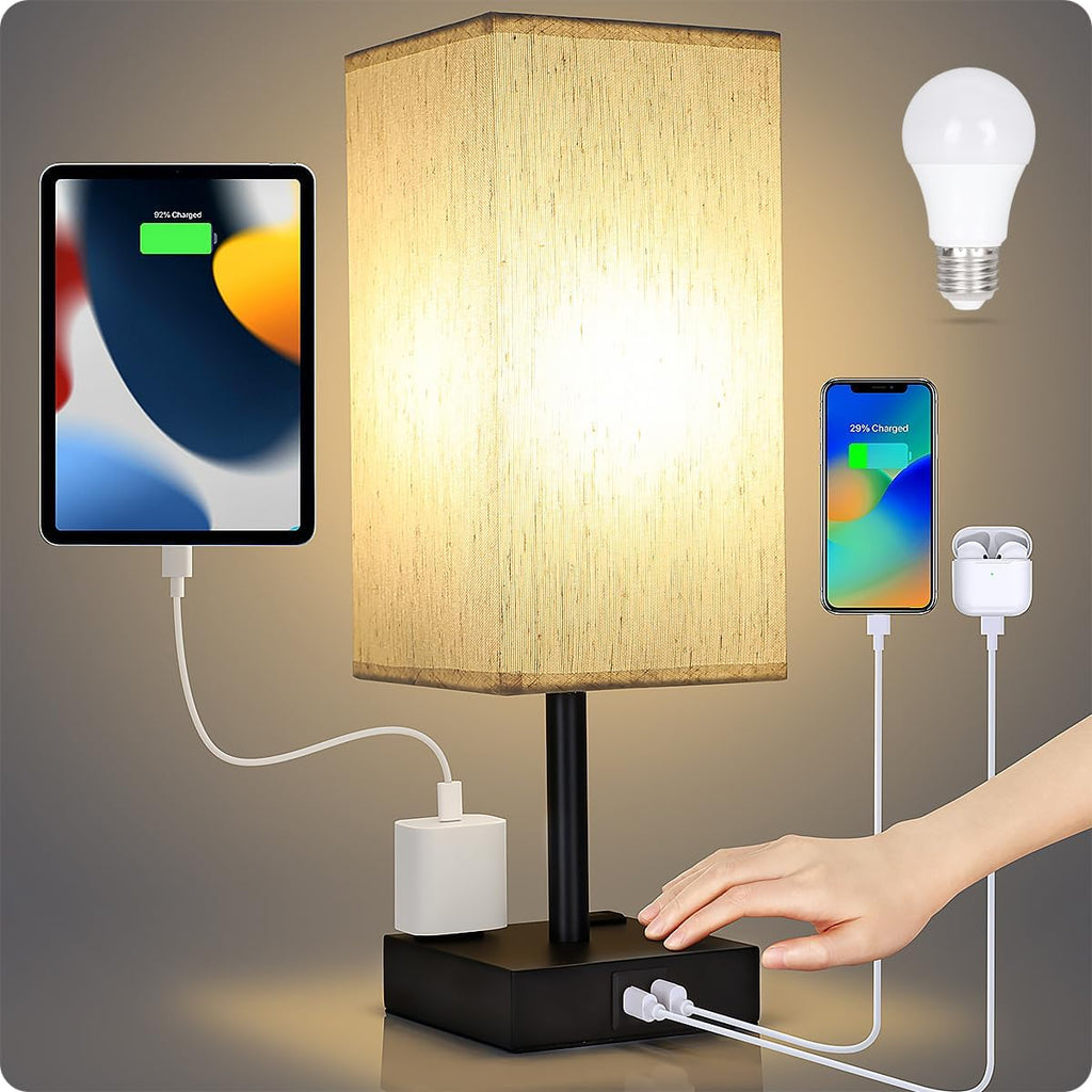 Bedside Table Lamp for Bedroom - Touch Small Lamp with USB C+A Charging Ports & AC Outlets, 3 Way Dimmable Nightstand Light for Living…