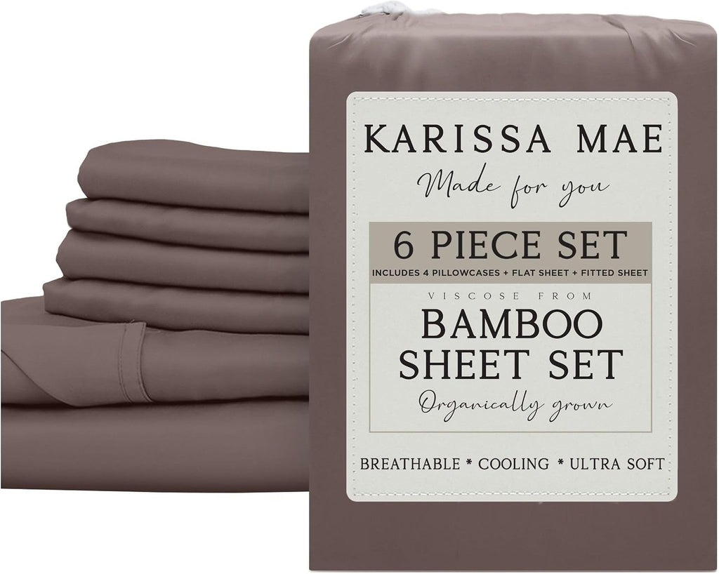 KARISSA MAE 6 Piece Pure Viscose from Bamboo Queen Size Sheet Set | 100% FSC Certified | Luxuriously Soft | Cooling | 18" Deep Pocket…