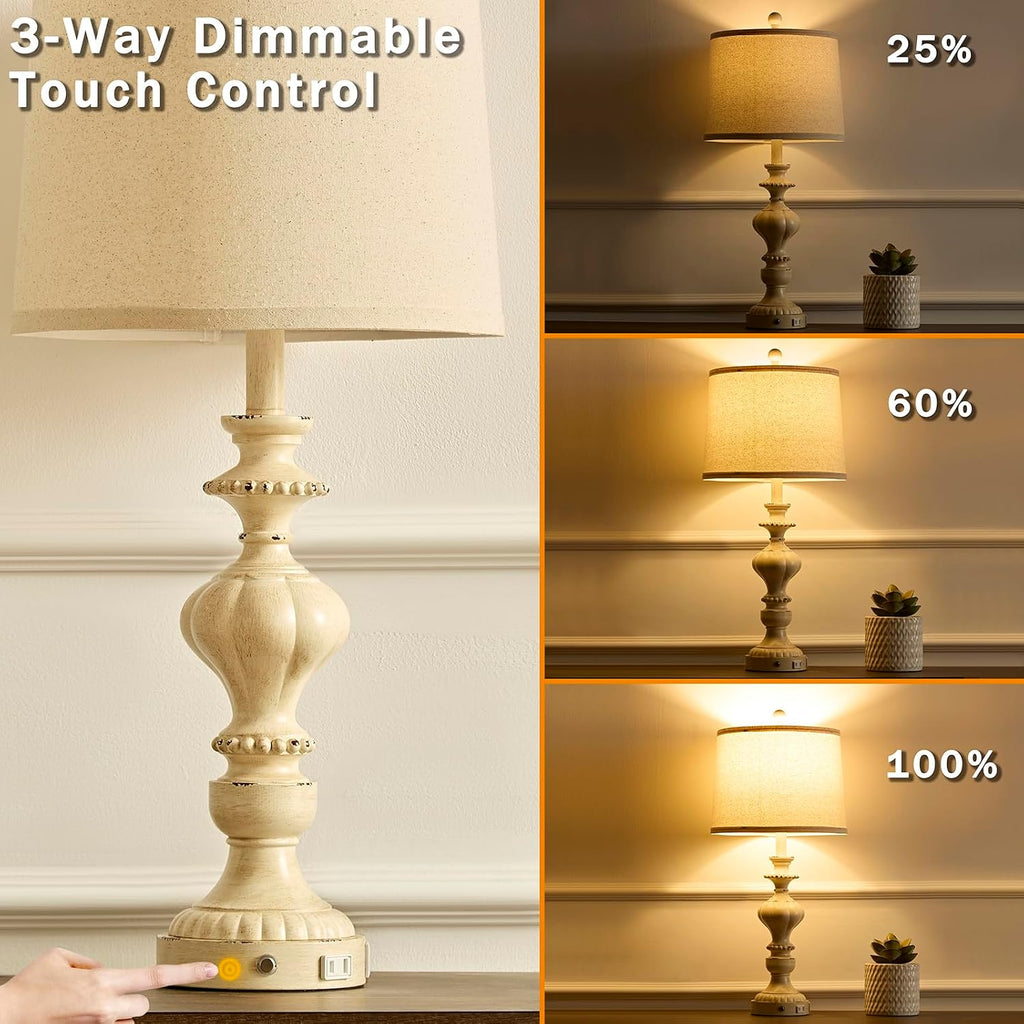 SAIWEYA 27.5" Farmhouse Table Lamps Set of 2 Bedside Nightstand Lamp with USB C+A Ports & AC Outlet, 3 Way Dimmable Touch Lamps for…