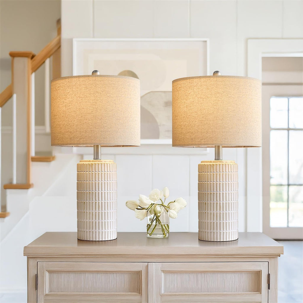 PoKat 24" Modern Ceramic Table Lamps Set of 2 for Bedroom, White Bedside Lamps for Night Stands, Farmhouse Desk Decor Nightstand Table…