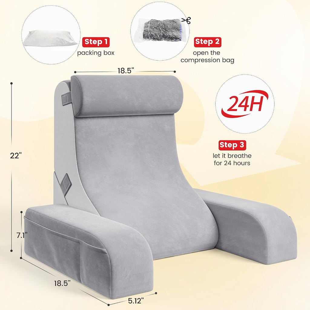 ElevateYourHome, EnhanceEver Homkdom Reading Pillow for Sitting in Bed Adult, 22" Back Pillow for Bed Sitting up with Armrests & Sto…
