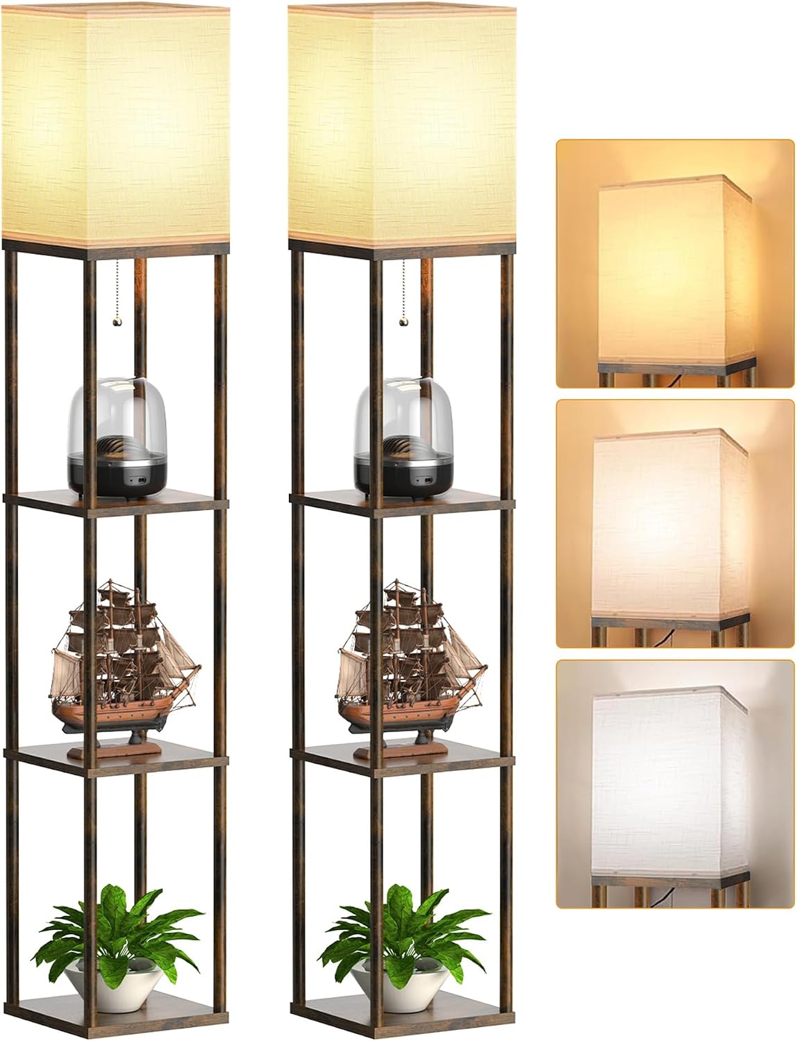PARTPHONER Floor Lamp with Shelves for Living Room 2 Pack, Shelf Floor Lamp with 3 CCT LED Bulb, Corner Display Standing Column Lamp…