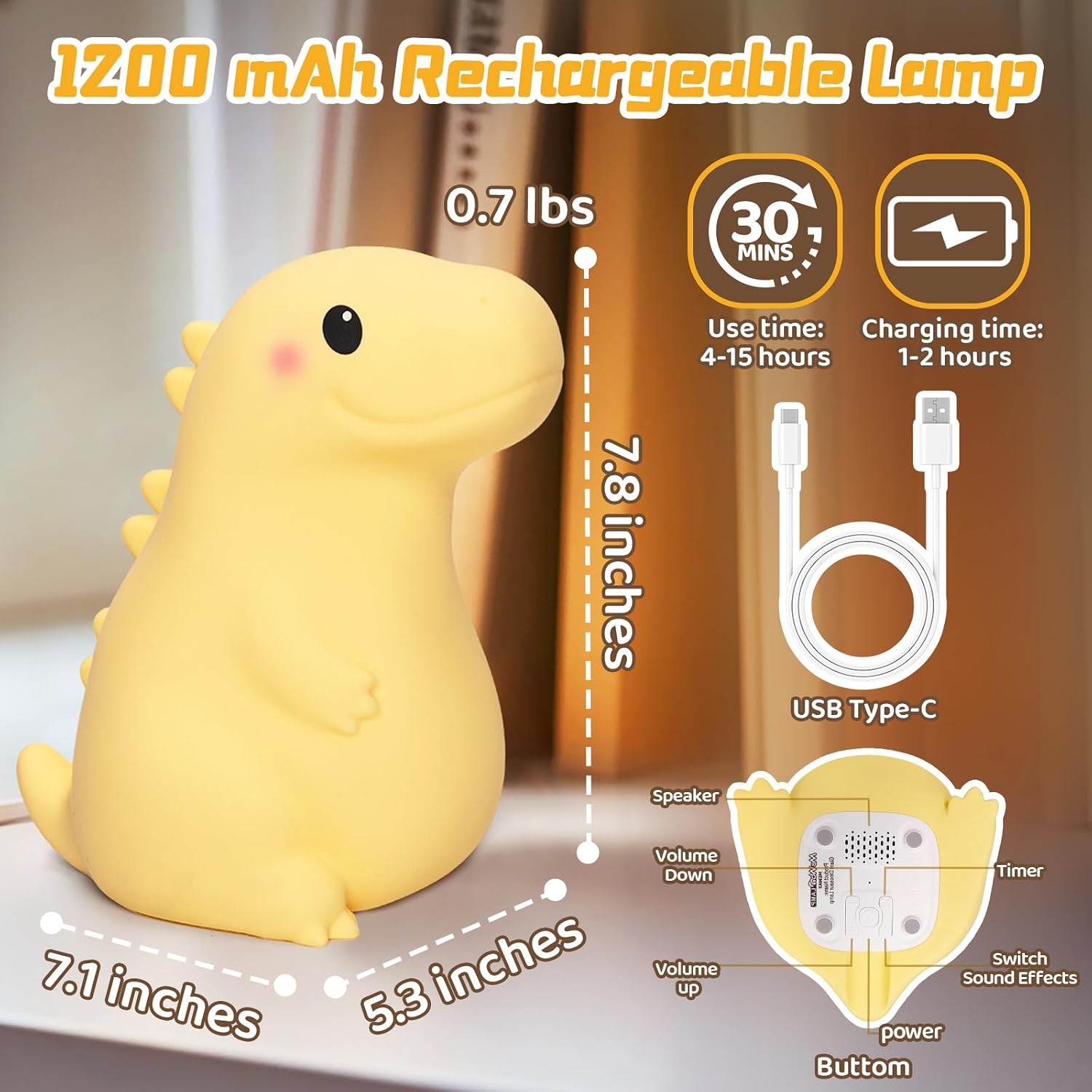 Mewaii Big Dinosaur Night Light for Kids, 7.8 in & 18 Funny Sounds Squishy Silicone Dinosaur Lamp with 3-Level Brightness, Rechargeable…