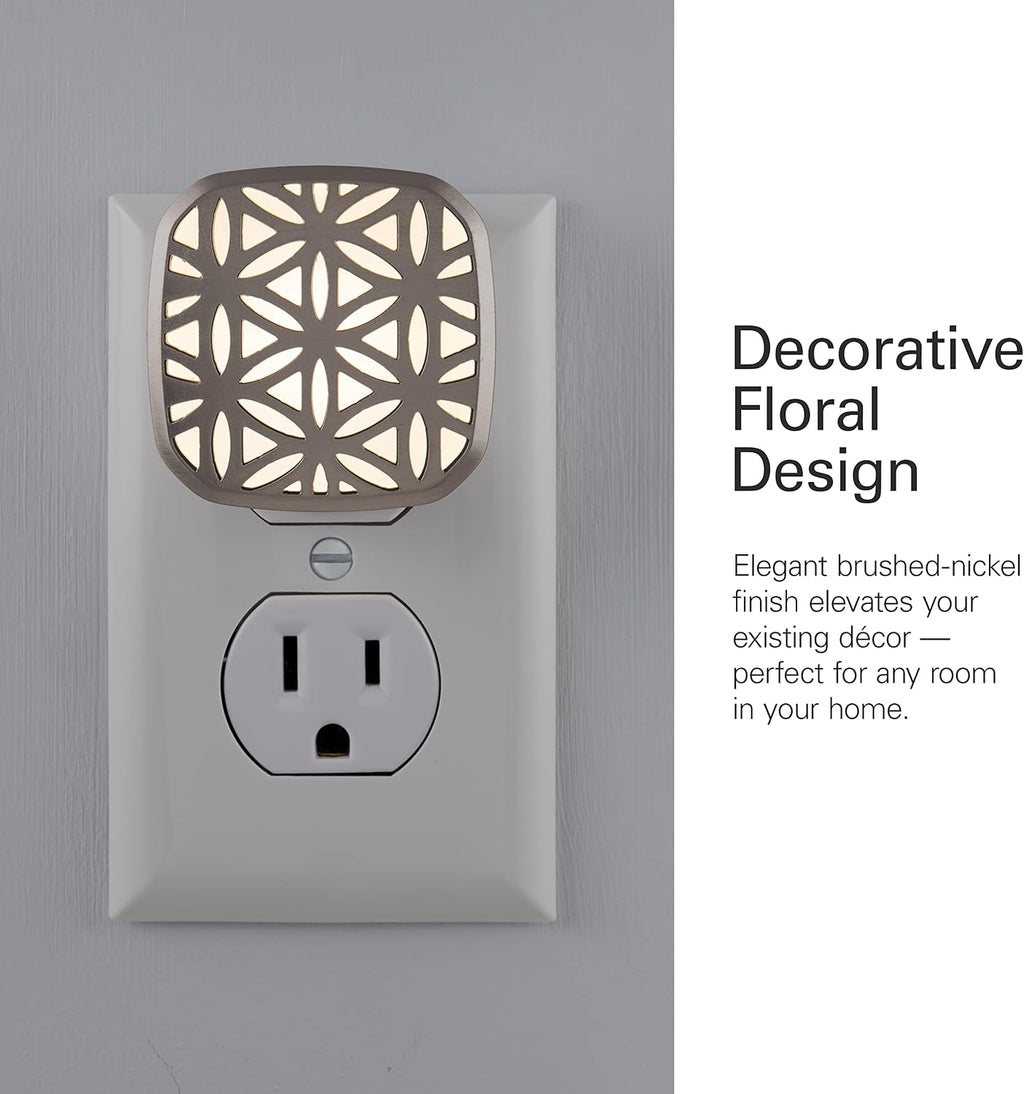 Lights by Night Decorative LED Night Light, Brushed Nickel Flower Design, Plug-in, Dusk to Dawn Sensor, UL-Certified, Home Decor, Ideal…