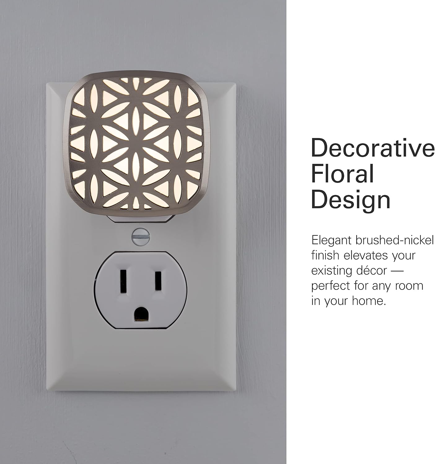 Lights by Night Decorative LED Night Light, Brushed Nickel Flower Design, Plug-in, Dusk to Dawn Sensor, UL-Certified, Home Decor, Ideal…