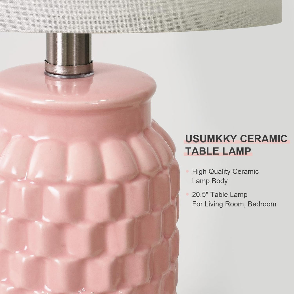 USumkky 20.5" Pink Table Lamps Set of 2, Modern Farmhouse Bedside Lamps - Ceramic Nightstand Lamps for Bedroom, Boho Living Room End…