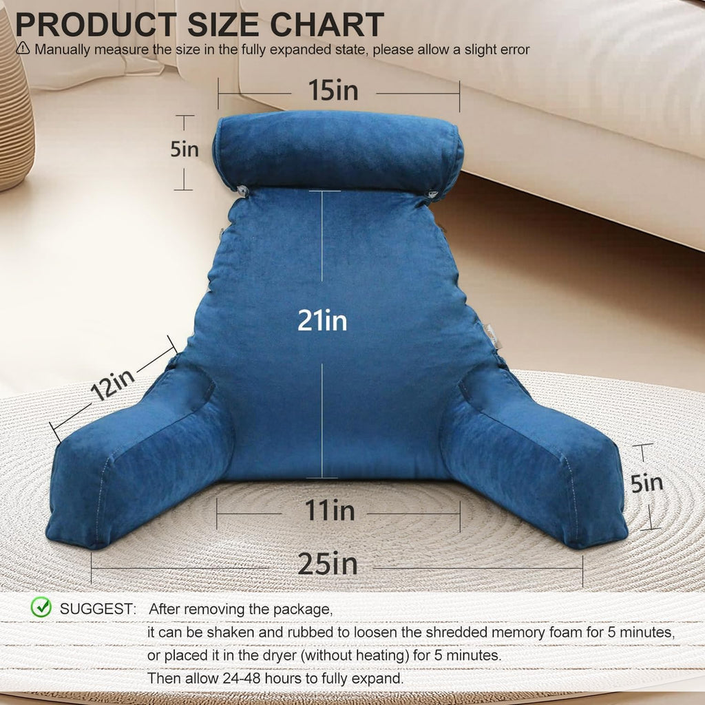 mittaGonG Reading Pillow, Shredded Memory Foam Backrest Pillow for Adult, Detachable Neck Roll, Arm Support with Side Pocket, Washable Crys…