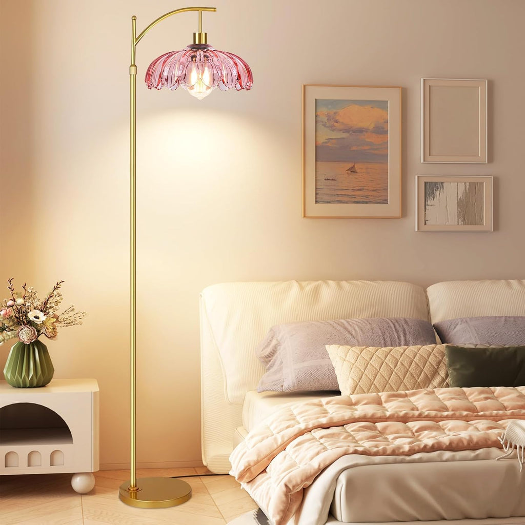 QIYIZM Pink Floor Lamp for Living Room, Bedroom, Gold Dimmable Standing Lamp with Remote, Mid Century Modern Brass Tall Lamp Boho Floor…