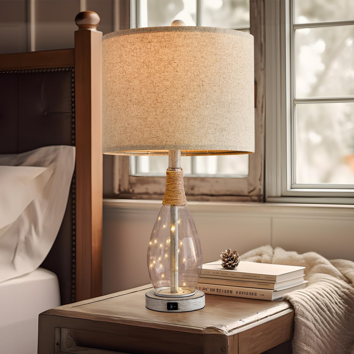 OYEARS 23" USB A+C Table Lamp for Bedroom Living Room Modern Bedside Lamps Retro Farmhouse Rattan Glass Nightstand Nightlight Lamps…