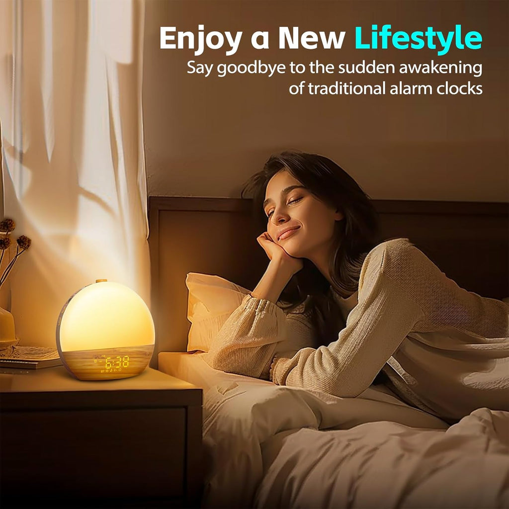 Geuuap Wood Grain White Noise Sound Machine Sunrise Alarm Clock with 25 Soothing Sounds, 17 Dimmable Night Lights, Bluetooth Speaker Wake…