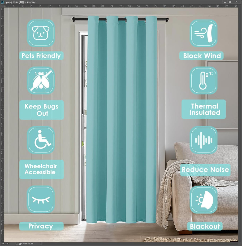 ChrisDowa Blackout Curtains 80 Inches Long for Doorways and Closets, Thermal Insulated Temporary Room Dividers (1 Panel, Aqua, 34 x 80 Inch…