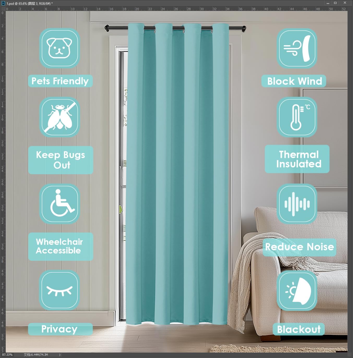 ChrisDowa Blackout Curtains 80 Inches Long for Doorways and Closets, Thermal Insulated Temporary Room Dividers (1 Panel, Aqua, 34 x 80 Inch…
