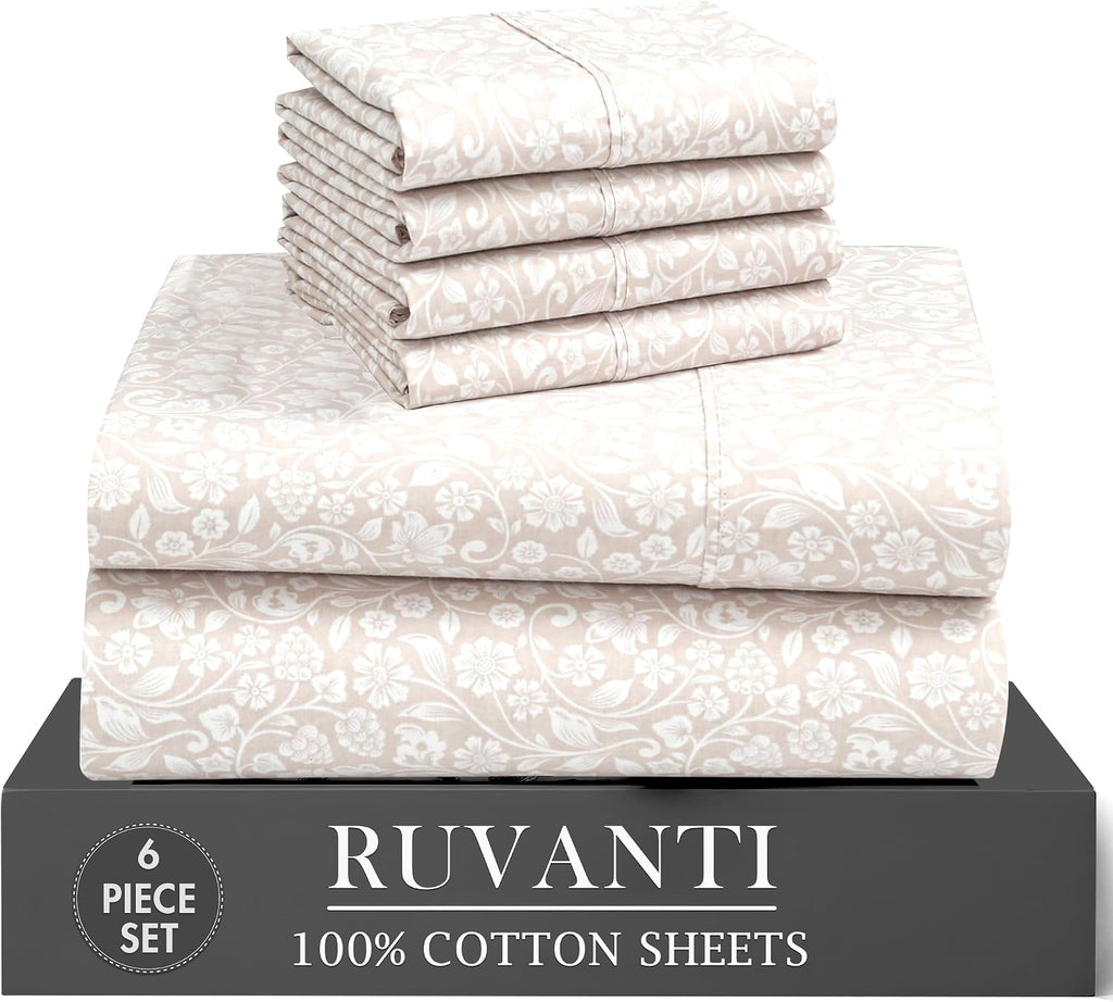Ruvanti 100% Cotton Percale Sheets Full Size 6 Piece Set, Cooling Bed Sheets for Hot Sleepers, Deep Pocket 16”, Breathable Lightweight & Du…