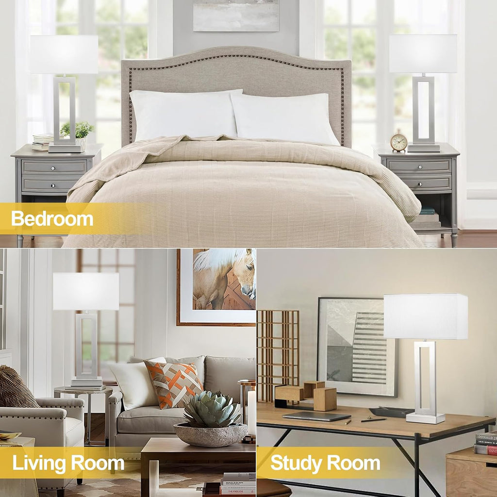 Seealle 22" Tall Bedroom Lamps for Living Room - Touch Brushed Nickel Bedside Lamps with USB C+A, 3 Way Dimmable Lamp for Nightstand…
