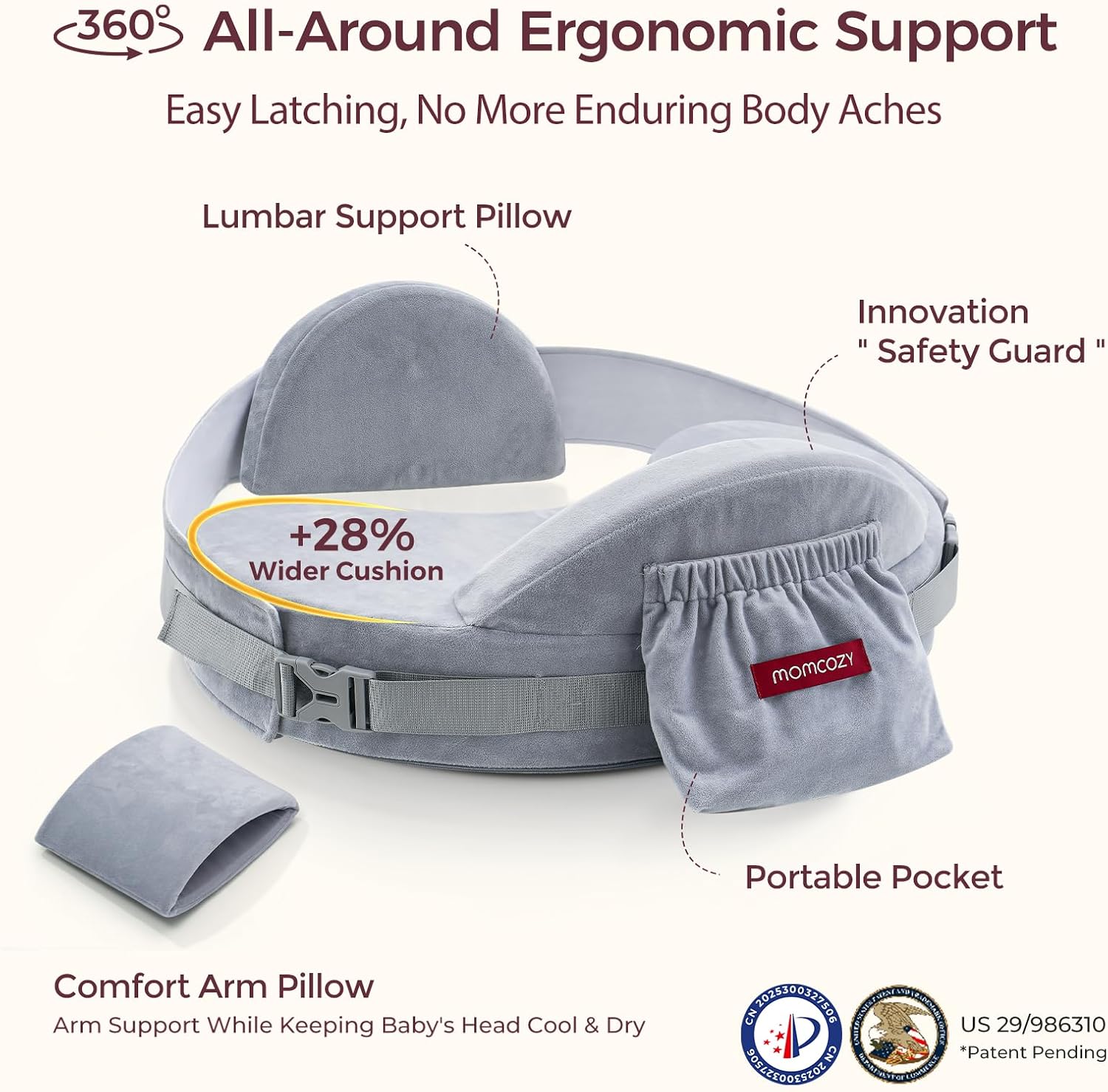 Momcozy CozyPro Nursing Pillow - All Around Lumbar & Arm Support - Safety Guard, Firm & Springy Memory Foam-Stable, Ergonomic Support, Easi…