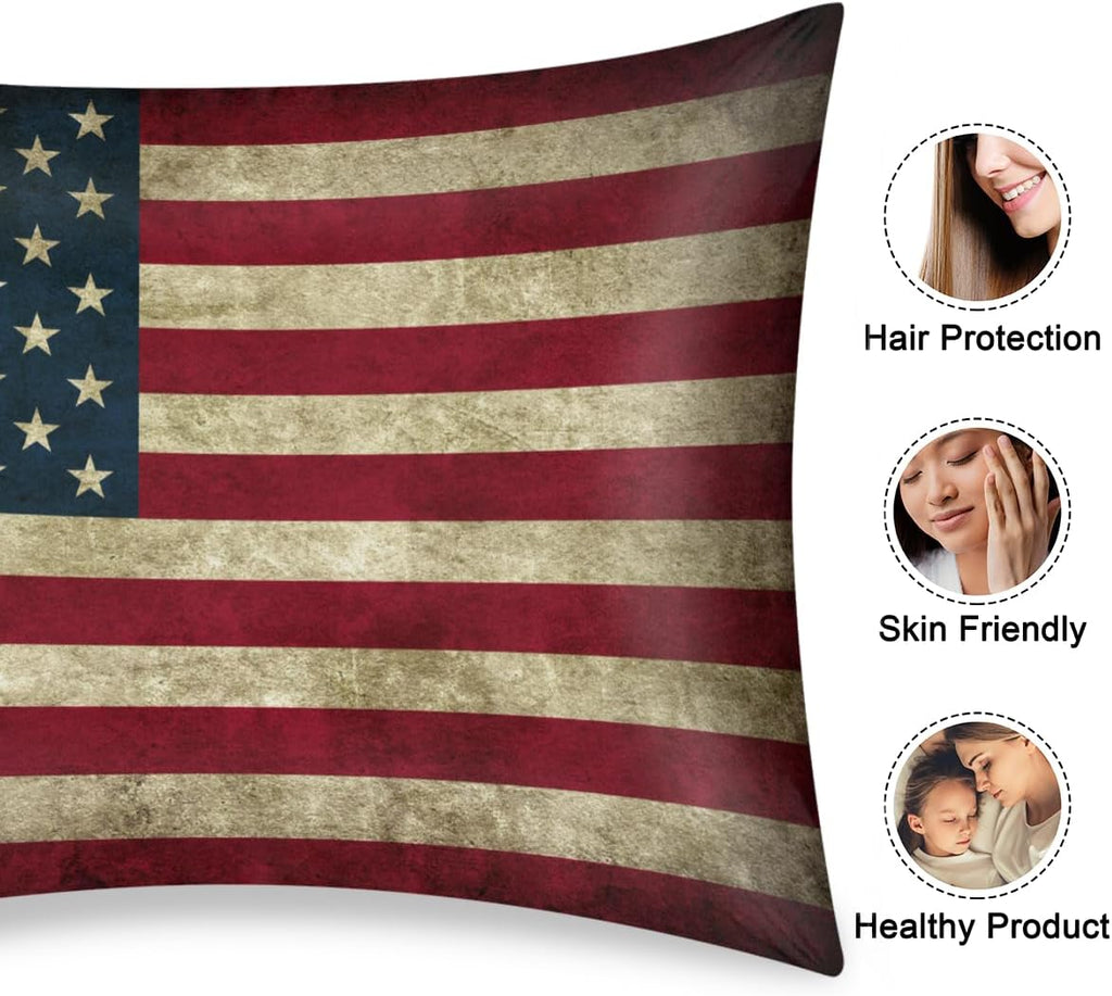 American Flag Retro Satin Silk Pillowcase for Hair and Skin Pillow Cases Standard Size Soft Silk Pillow Case with Envelope Closure Print…