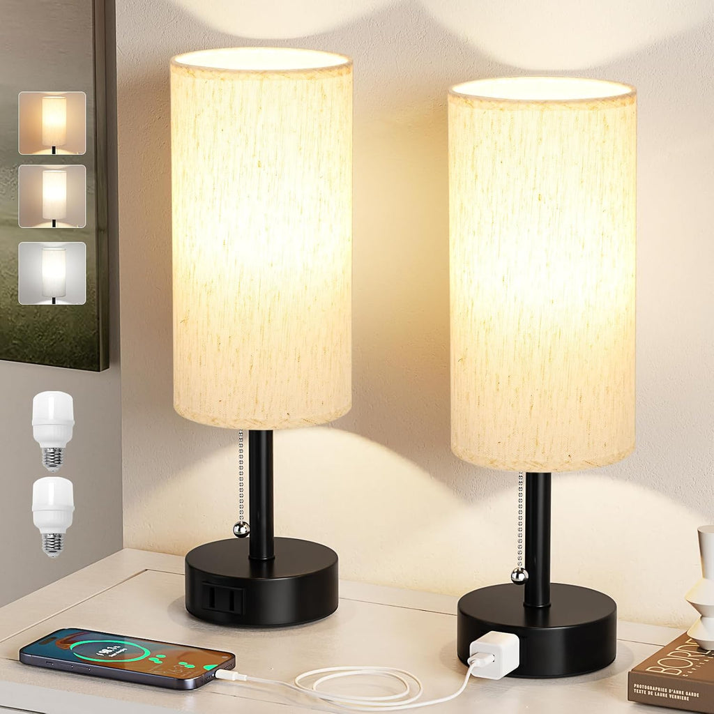 Bedside Table Lamps Set of 2-3 Color Temperatures Pull Chain Lamp with AC Outlet Charging Port, Small Round Night Stand Lamps for Bedroom…