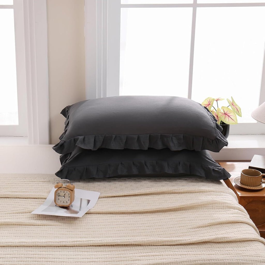 Merryword Dark Gray Pillow Shams Reversible Pillowcases Cute Pillow Cover Set of 2 Soft Shabby Chic Ruffled Pillowcases 2 Pack (Queen (20''…