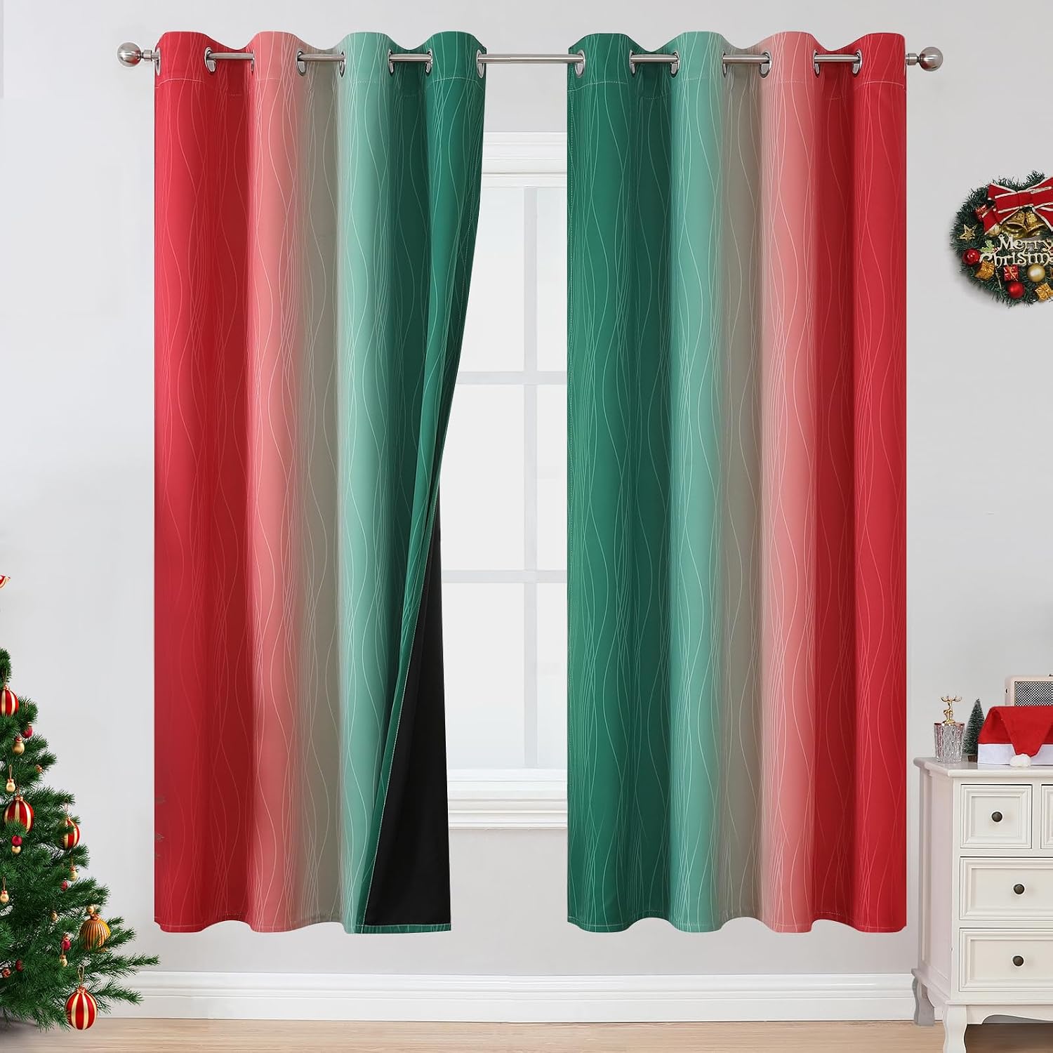 Estelartextiler Estelar Textiler Red and Green Blackout Curtains for Living Room, Full Room Darkening Grommet Ombre Christmas Curtains for…