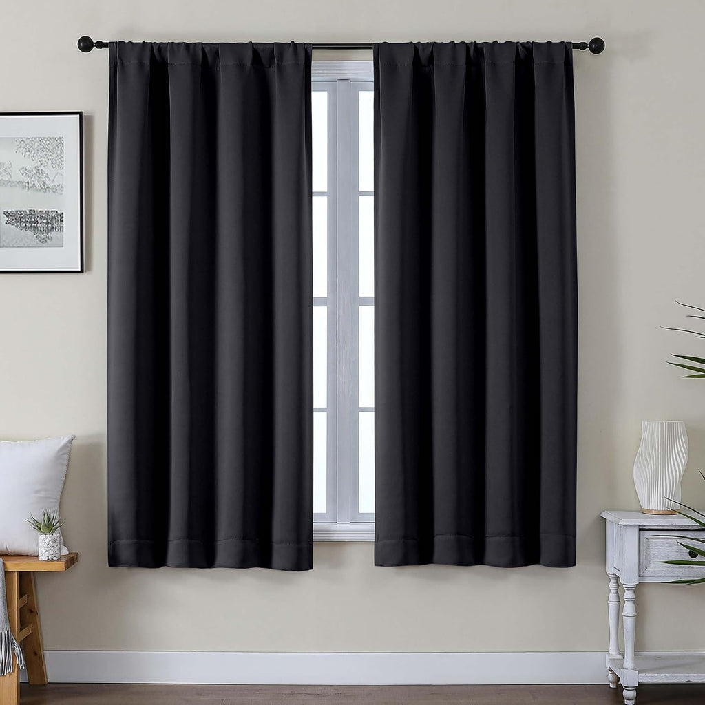 Gwine Black Blackout Curtains for Bedroom 63 Inch Length - Thermal Insulated Light Blocking Window Curtain Panels, Solid Room Darkening…