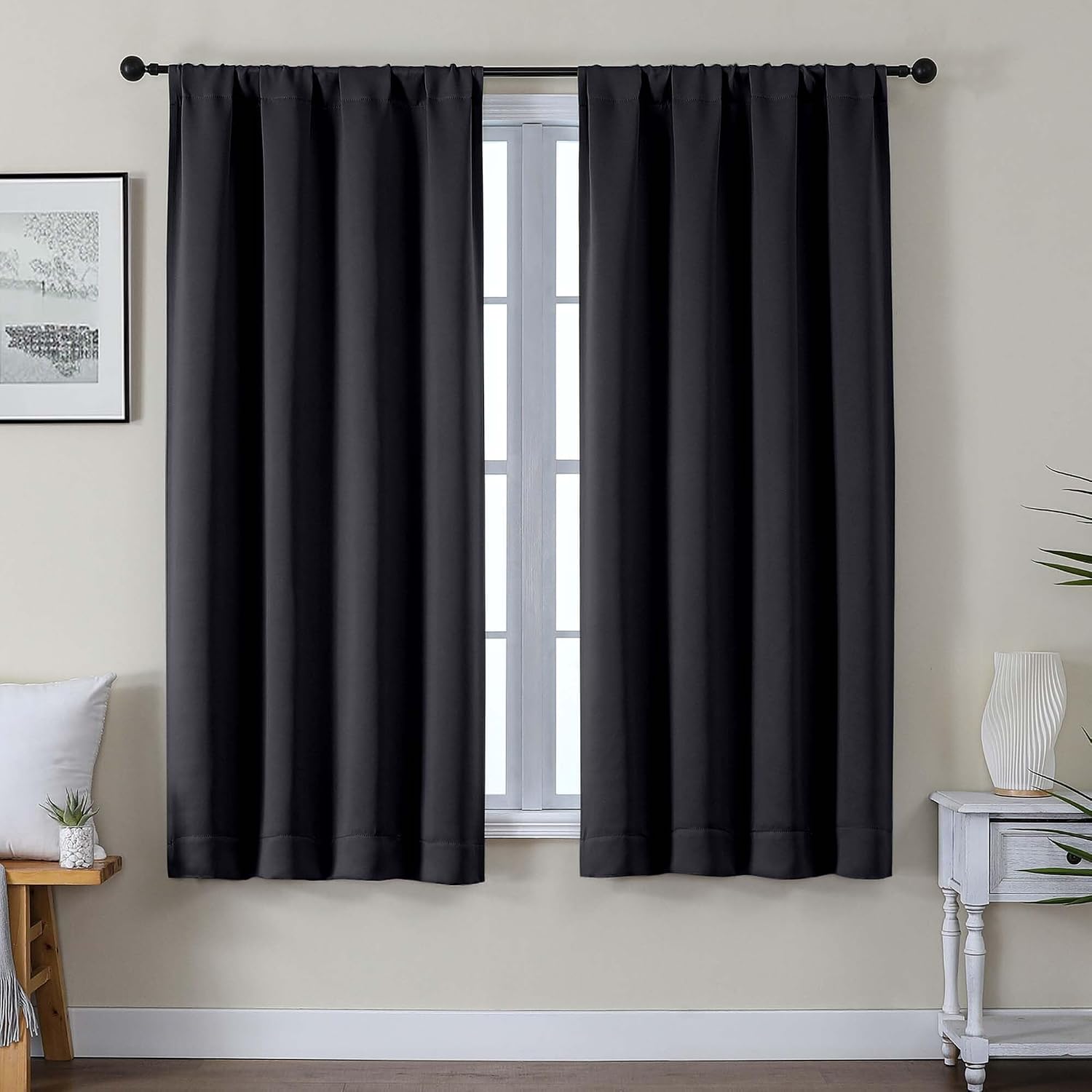 Gwine Black Blackout Curtains for Bedroom 63 Inch Length - Thermal Insulated Light Blocking Window Curtain Panels, Solid Room Darkening…
