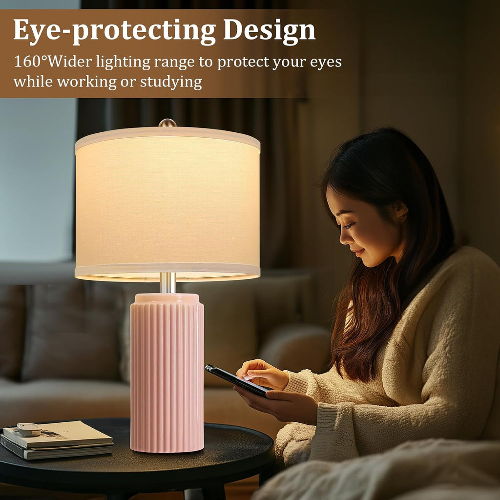 Tobusa 23.5’’ Modern Pink Table Lamps Set of 2 for Living Room, Ceramic Bedside Lamps with White Linen Shade for Girls Room, Rustic Nightst…