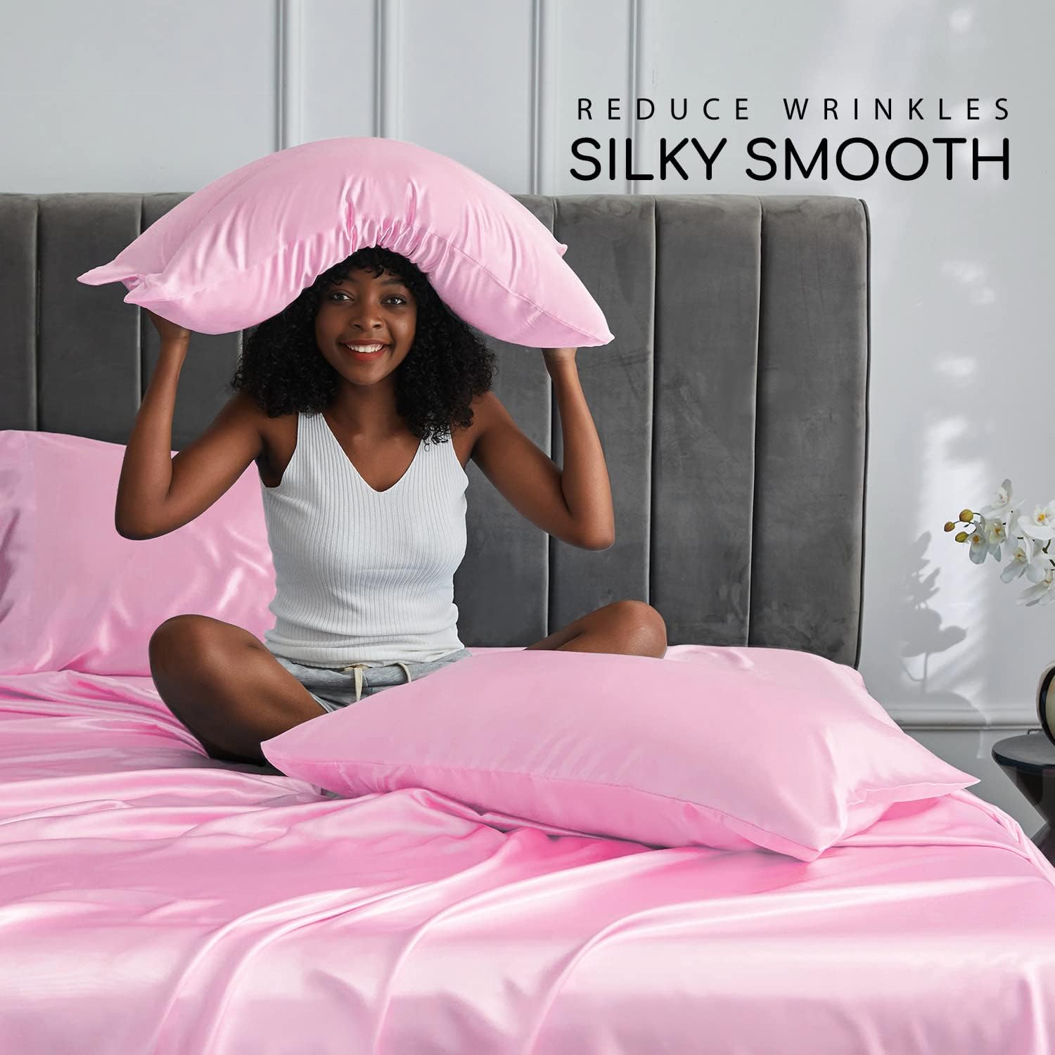 MR&HM Satin Bed Sheets, King Size Sheets Set, 6 Pcs Silky Bedding Set with 15 Inches Deep Pocket for Mattress (King, Pink) 6 Pcs 15 In…