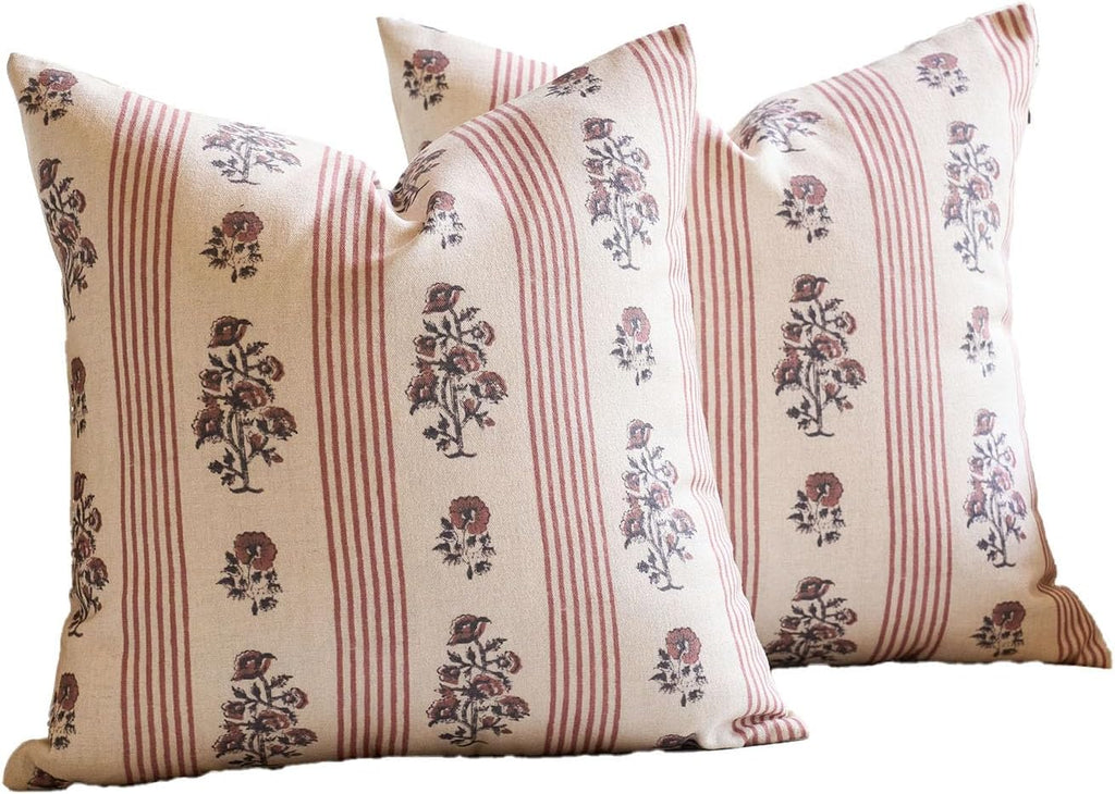 AffordableFloralPrintMaker Amor Virisso Floral Throw Pillow Covers 18x18 Set of 2 Block Print Pillow Covers Neutral Floral Striped Farmhous…