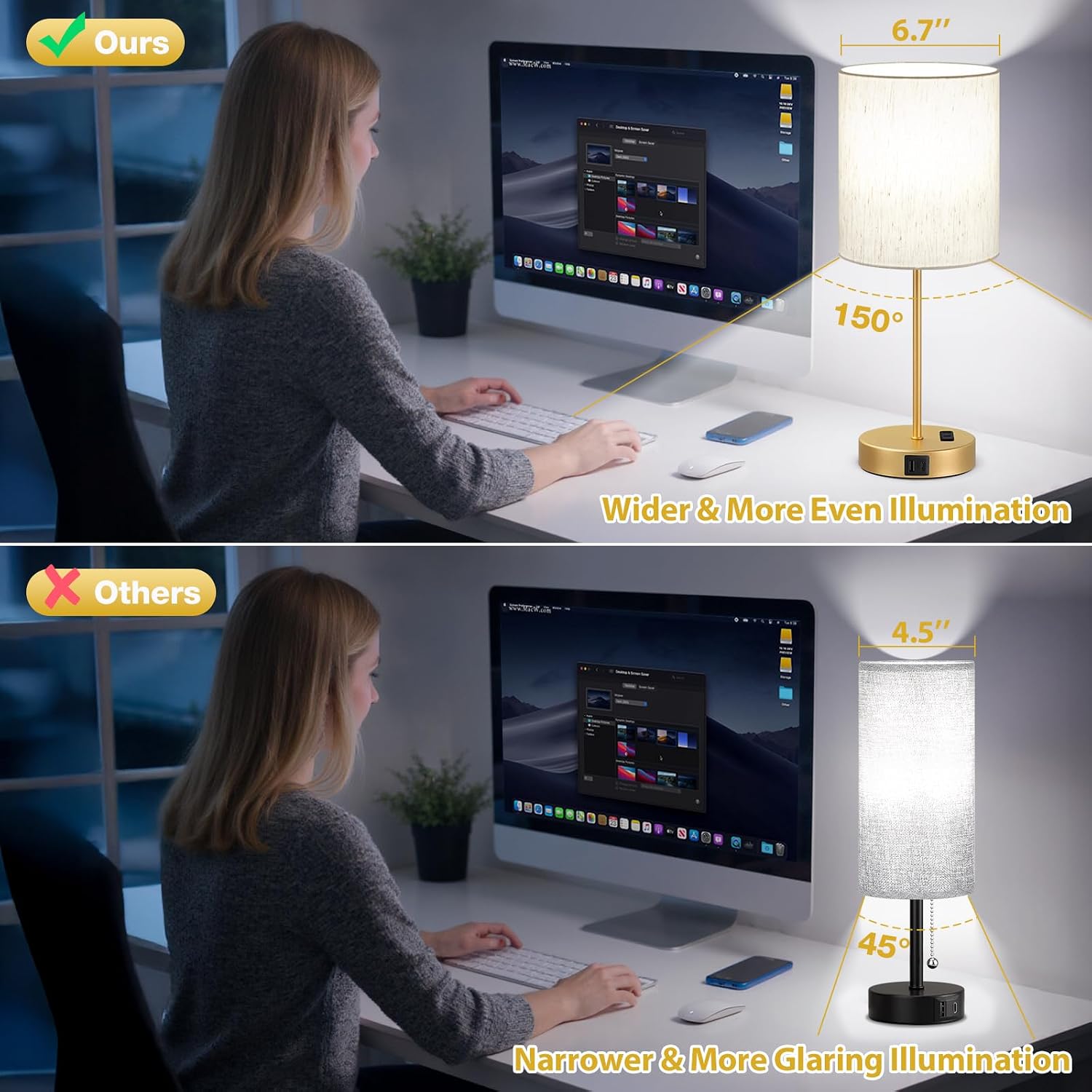 Fenmzeelighting Gold Touch Lamps for Nightstand Set of 2 - Bedside Table Lamp for Bedroom with Dual USB Ports & AC Outlet, 3-Way Dimmable L…