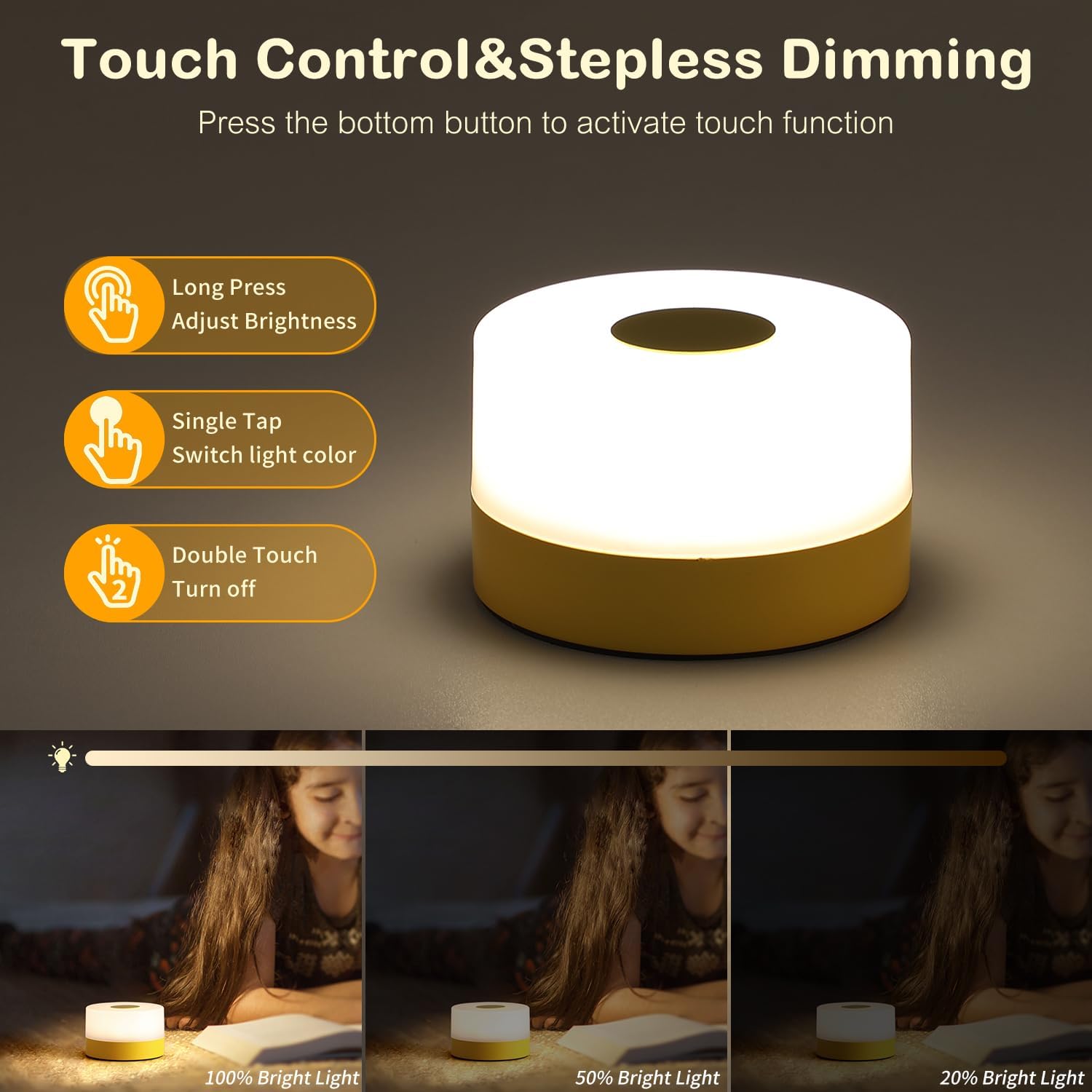 JUSHENG Night Light for Baby Nursery, USB Rechargeable Touch Lamp for Bedroom Nightstand with 3CCT & Dimming Function LED Battery…
