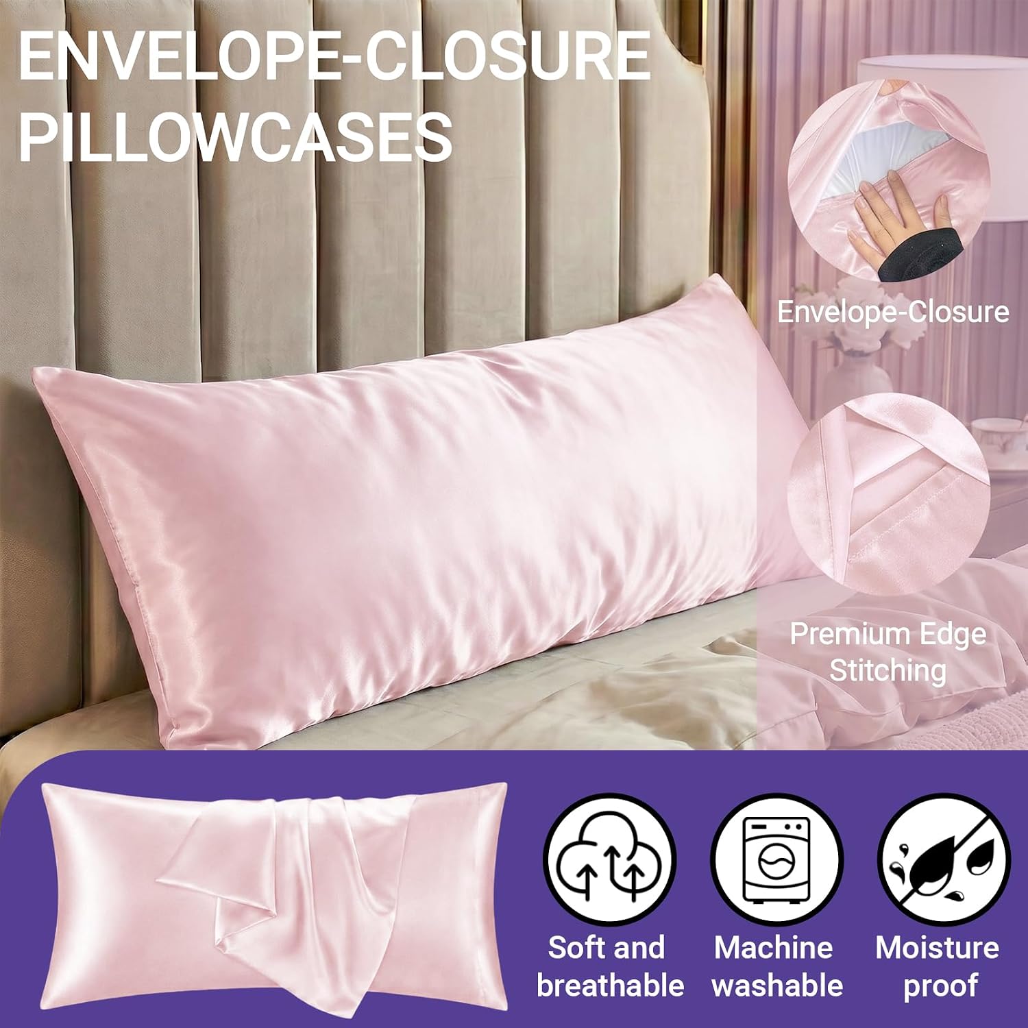 QJFabricCO Q&J Fabric Co. 1 Pack Satin Pillowcase Silk Like Pillow Case 20x54 inch Pink Cooling Pillow Case with Envelope Closure for Hair…