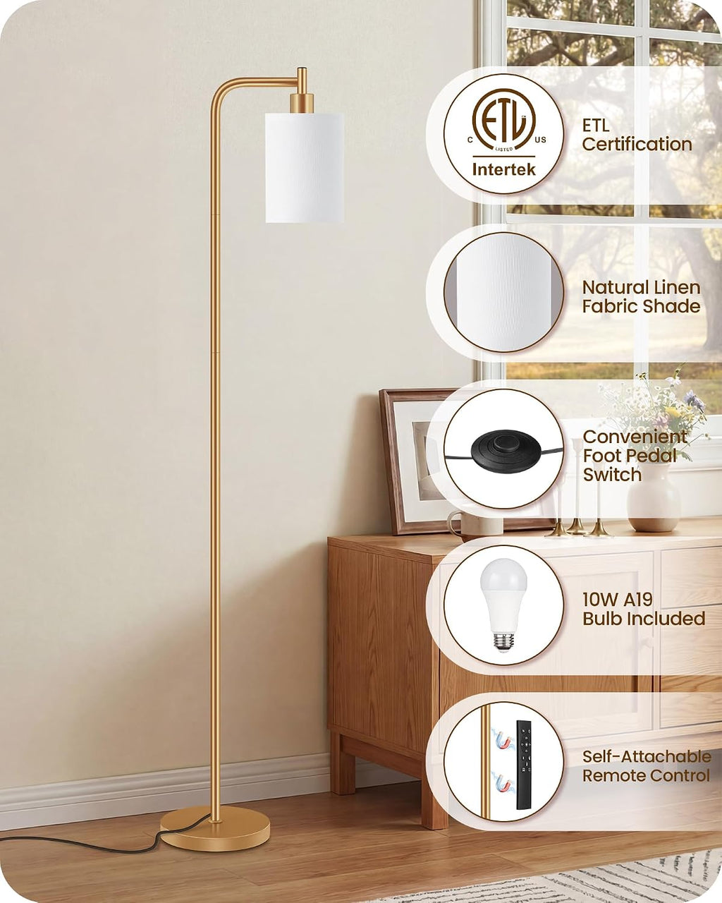 Dimmable Floor Lamp for Living Room with Remote and Foot Switch, Modern Standing, Corner Lamp,10W Bulb 3 Color Temperatures, for Bedroom…