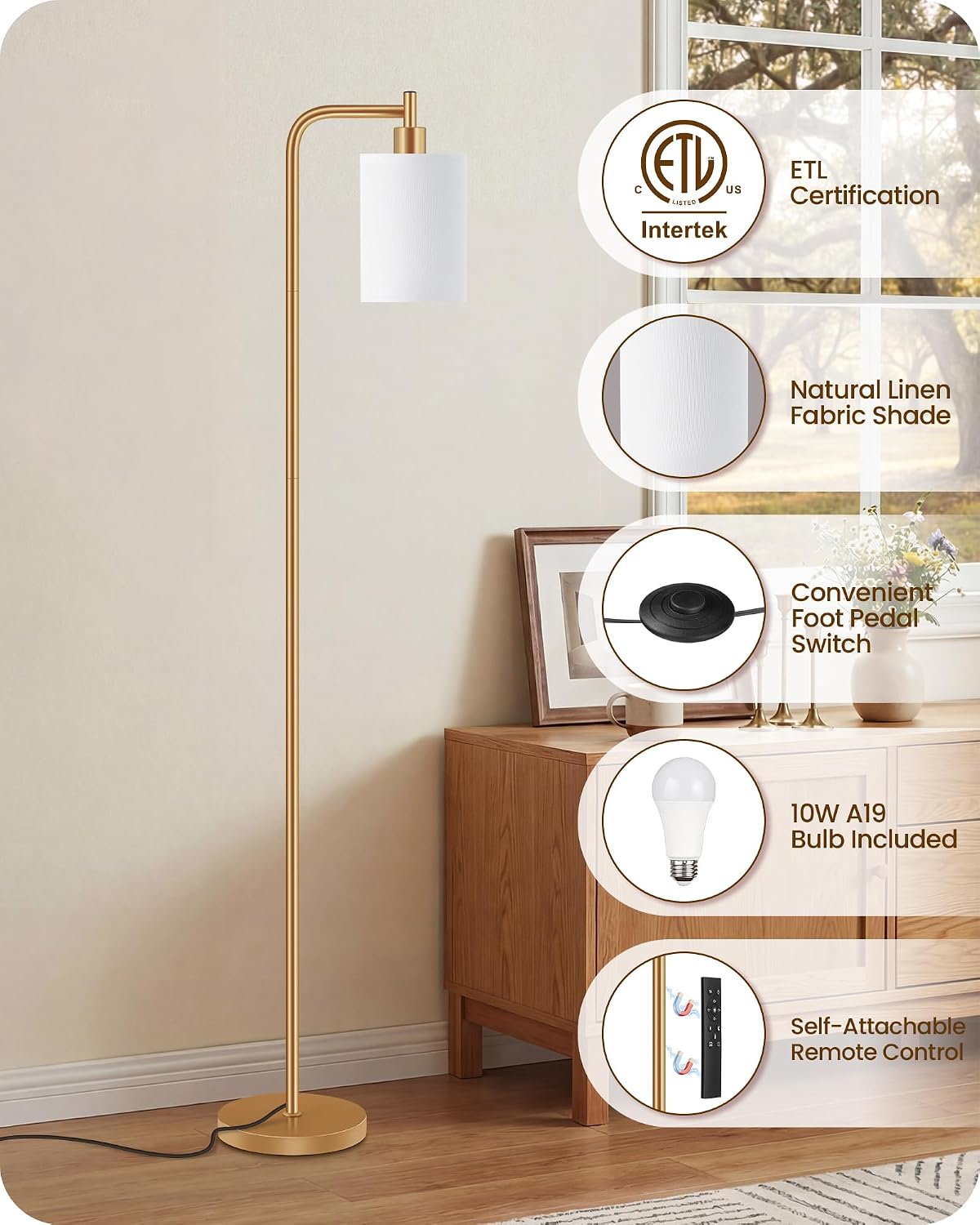 Dimmable Floor Lamp for Living Room with Remote and Foot Switch, Modern Standing, Corner Lamp,10W Bulb 3 Color Temperatures, for Bedroom…
