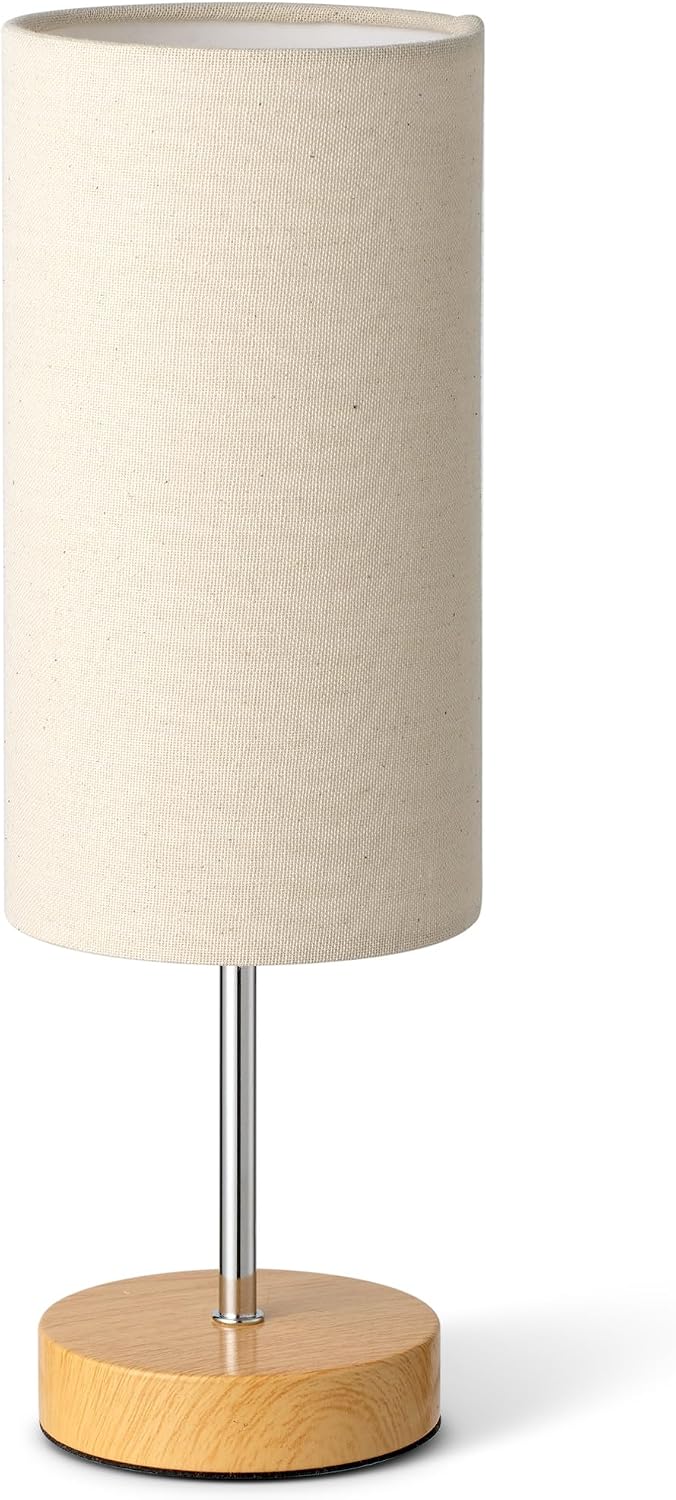 Small Bedside Table Lamp for Bedroom Nightstand, Round Linen Shade and Wood Base, Rustic Minimalist Night Lamps for Dresser, Living Room…