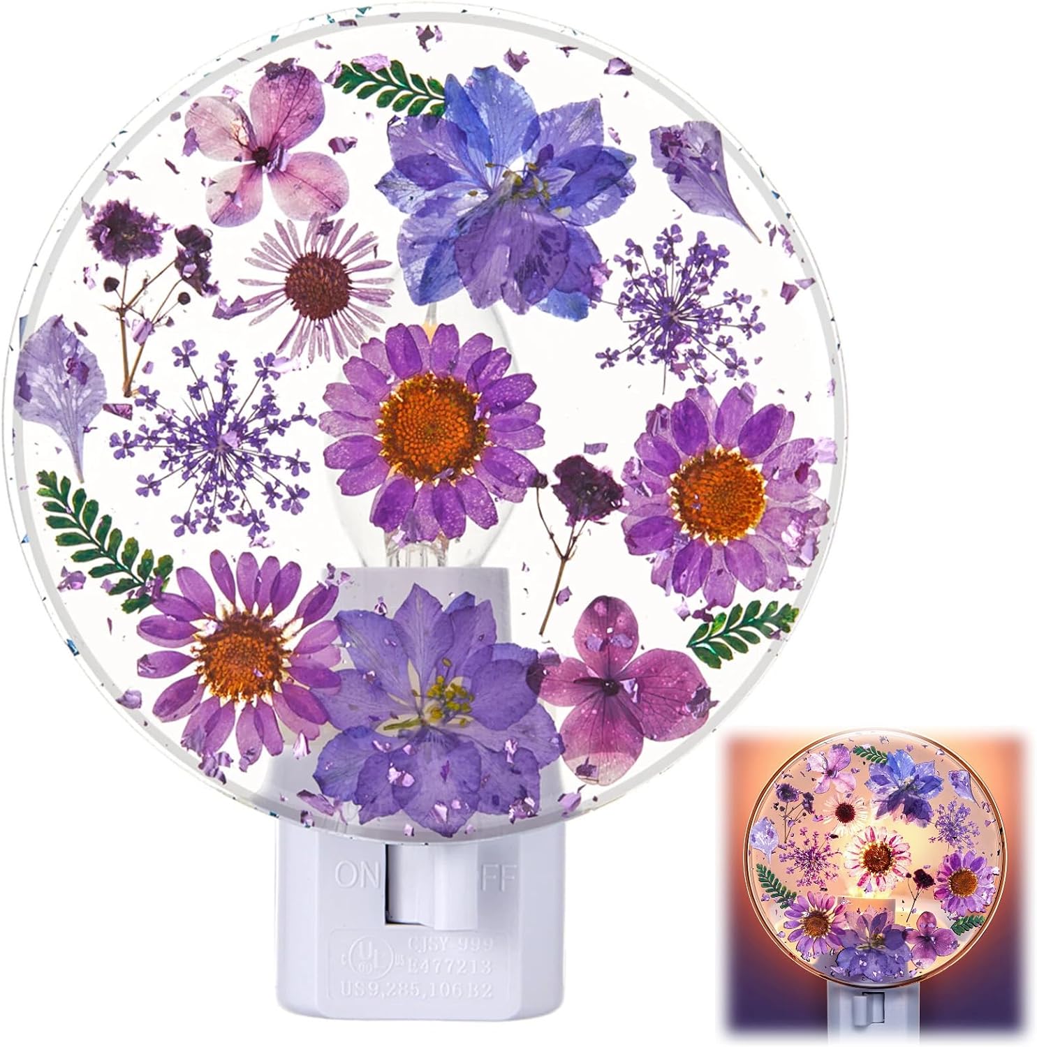 Glooglitter Pressed Flower Night Light Plug in - Handmade Dried Floral Wall Night Light, Soft Glow Decorative Nightlight for Hallway Bedroo…