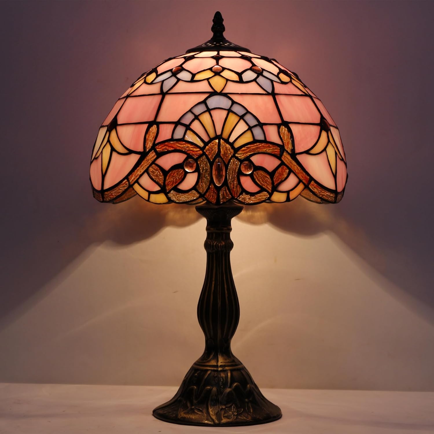 WERFACTORY Tiffany Lamp Stained Glass Table Lamp 12X12X18 Inch Pink Baroque Style Lavender Bedside Reading Desk Light Decor Bedroom…