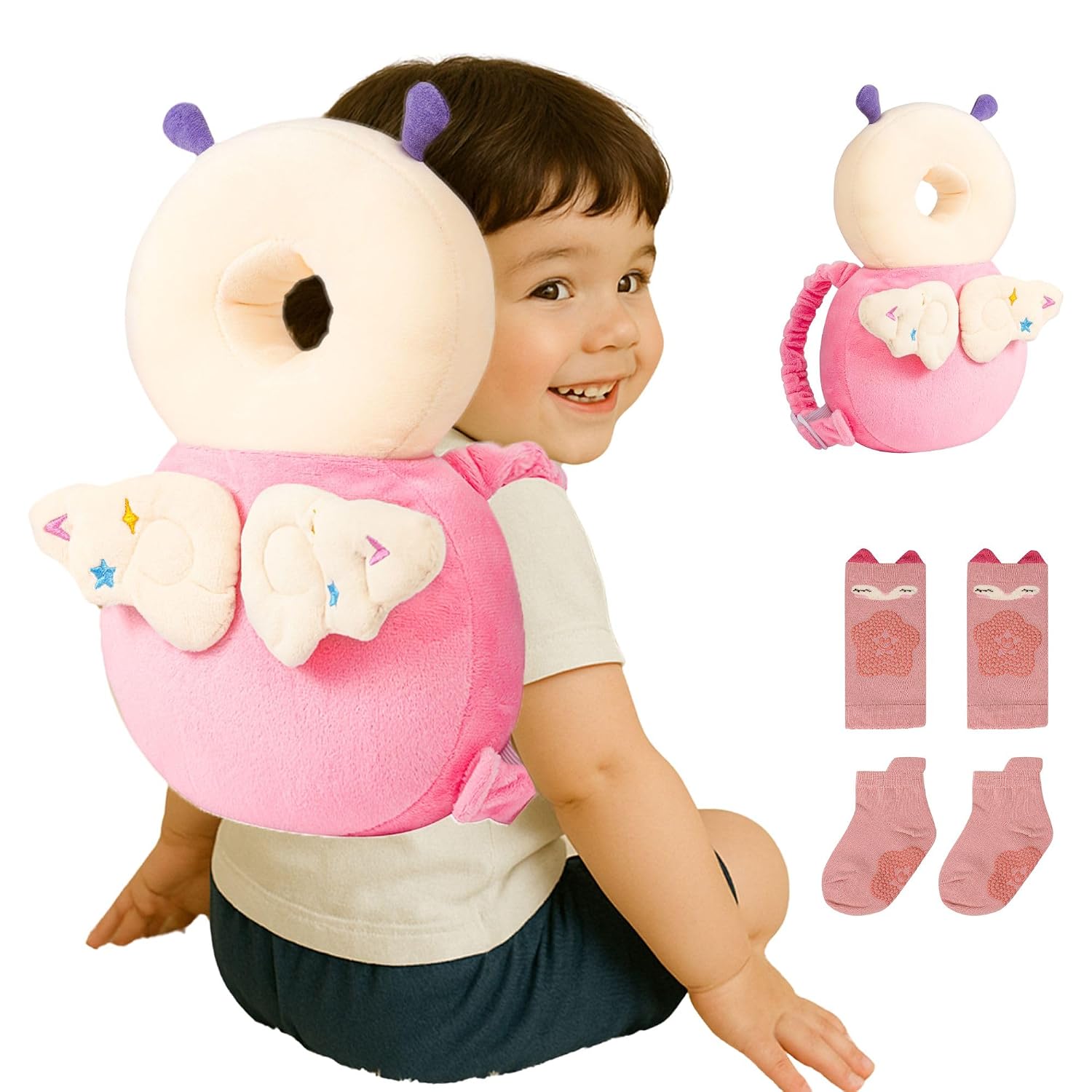 Baby Head Protector Backpack (9 to 24 Months) - Cute Head Guard Pillow with Knee Pads and Socks, Baby Shower Gift, Baby Safety Set…