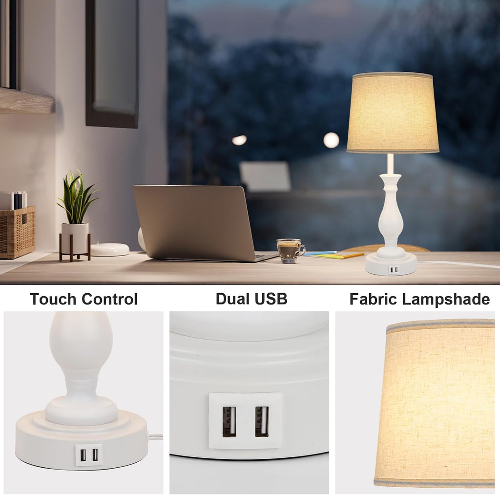 LALISU Farmhouse Table Lamp Touch Control 3-Way Dimmable Table Lamp, Modern Nightstand Lamp with 2 USB Port Bedside Desk Lamp with Fabric…