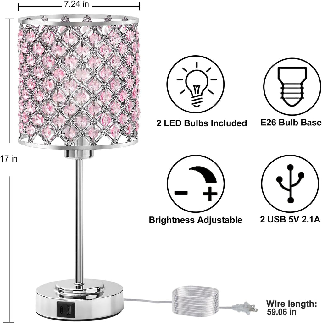 GyroVu Crystal Table Lamp, Bedside Crystal Lamp, Dimmable Touch Nightstand Lamp with USB-C+A Charging Ports Pink Night Lights Decorative…