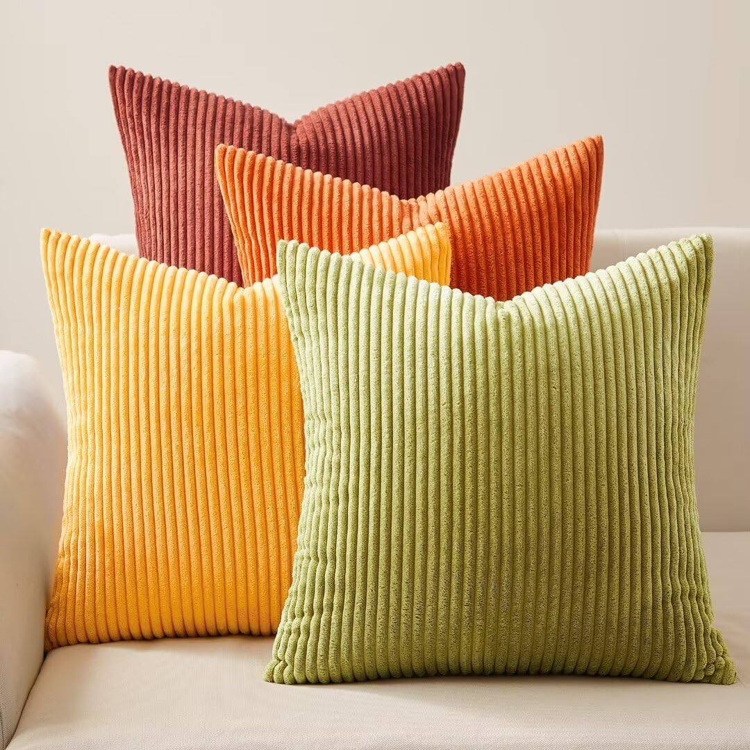 Topfinel Fall 20x20 Set of 4 Couch Decorative Pillow Covers, Modern Burnt Orange Yellow Green Gradient Corduroy Throws Pillow Case, Rustic We…