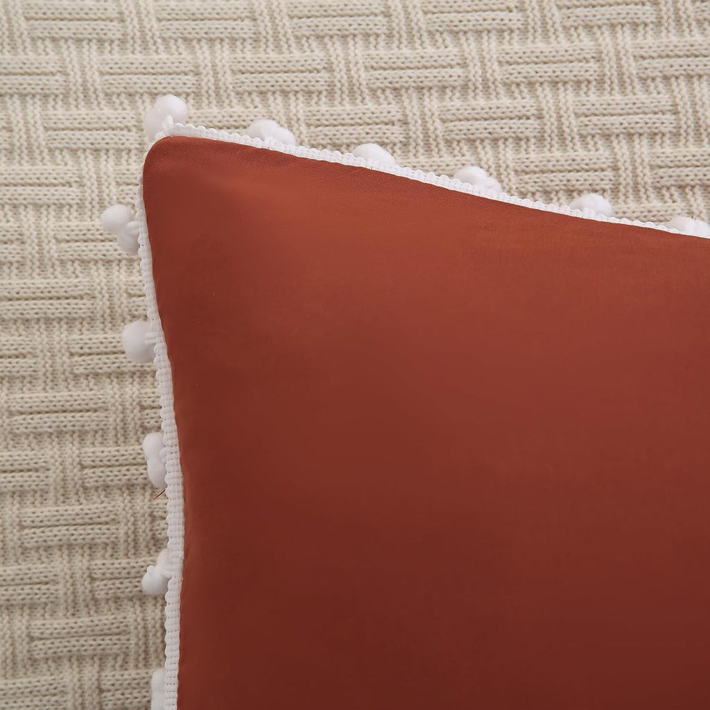Moveover Brick Red Pom Poms Pillow Cases, Boho Pillowcases Set of 2, 100% Soft Washed Microfiber, Rust Pillow Shams King, 2 Pack 2 Pack Red